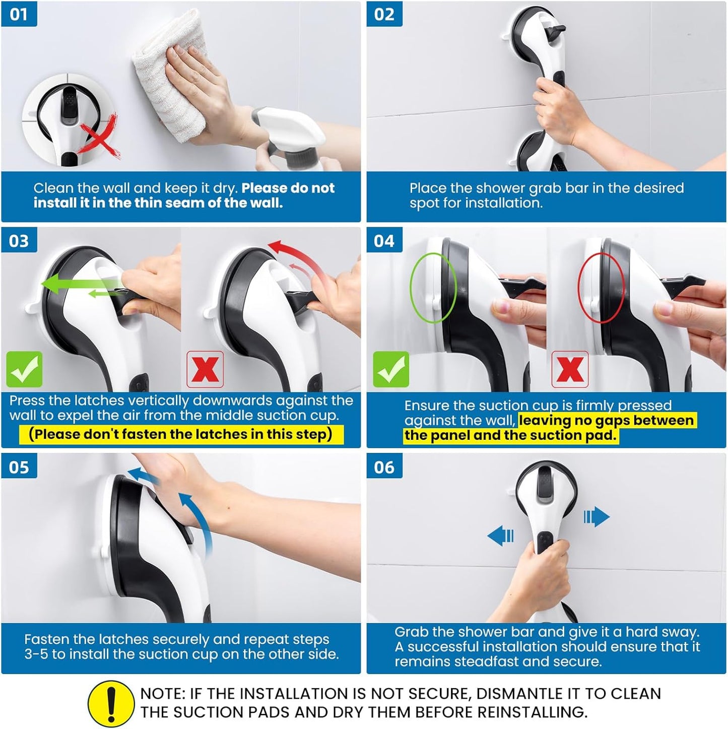 LEVERLOC Shower Grab Bar, 12 Inch Suction Grab Bars for Bathtubs, Shower Handle Handrail for Seniors Bathroom Safety Grip for Elderly, Heavy Duty No Drilling Removable,Black