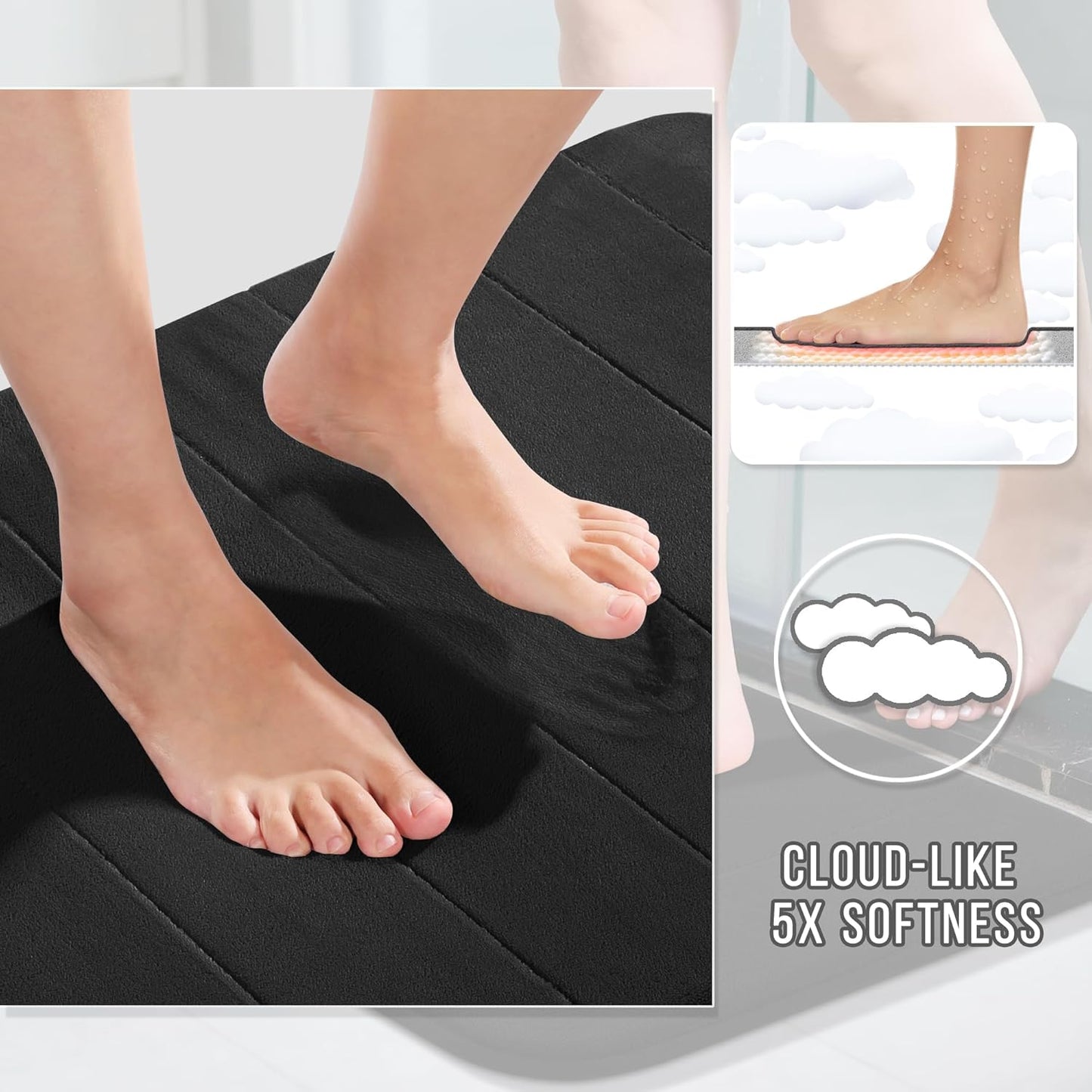 Yimobra Large Bath Mat 36"x24", Super Soft Quick Dry Memory Foam Bathroom Rug, Water Absorbent, Non Slip Backing Machine Washable for Tub Shower, Thick Comfort Support, Black