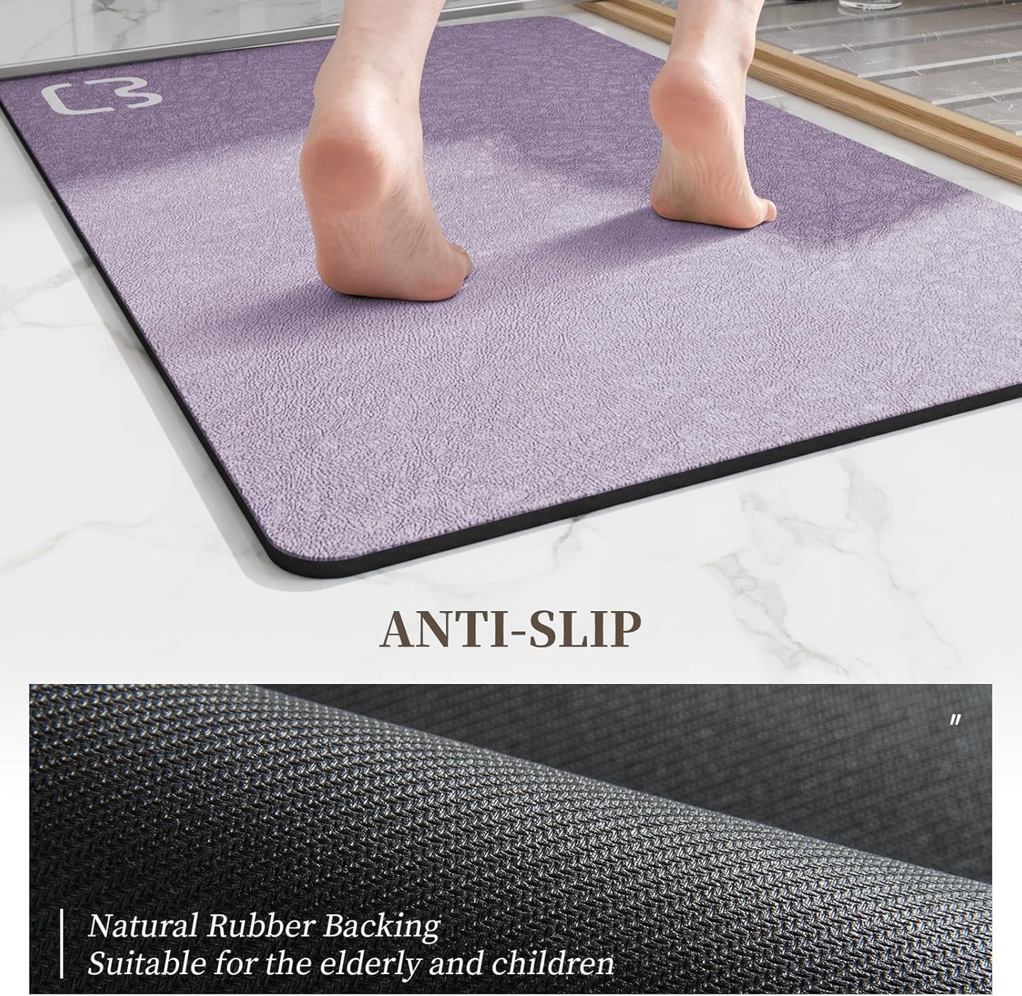 2 Piece Bathroom Rugs Mat Set - Quick Dry Diatomaceous Earth Bath Mat for Bathroom Non-Slip Bath Rug with Rubber Backing, Absorbent Bath Mat Thin Bath Floor Mat, 15.7x23.6+15.7x47.2 Inch, Lavender