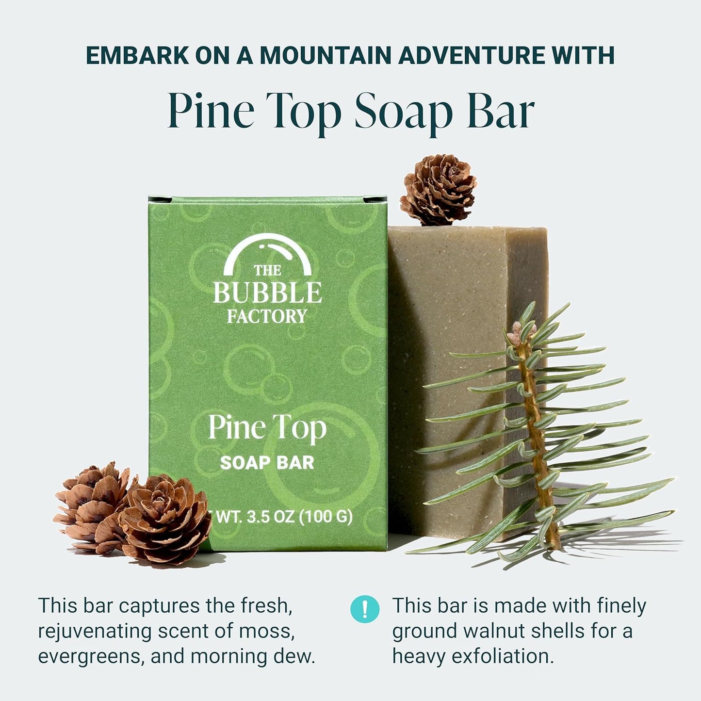 The Bubble Factory Handmade Natural Bath & Body Soap Bar, Vegan, All-Natural, Palm Oil Free, Made in USA with Shea Butter + Essential Oils, Pine Top, 3 Bars