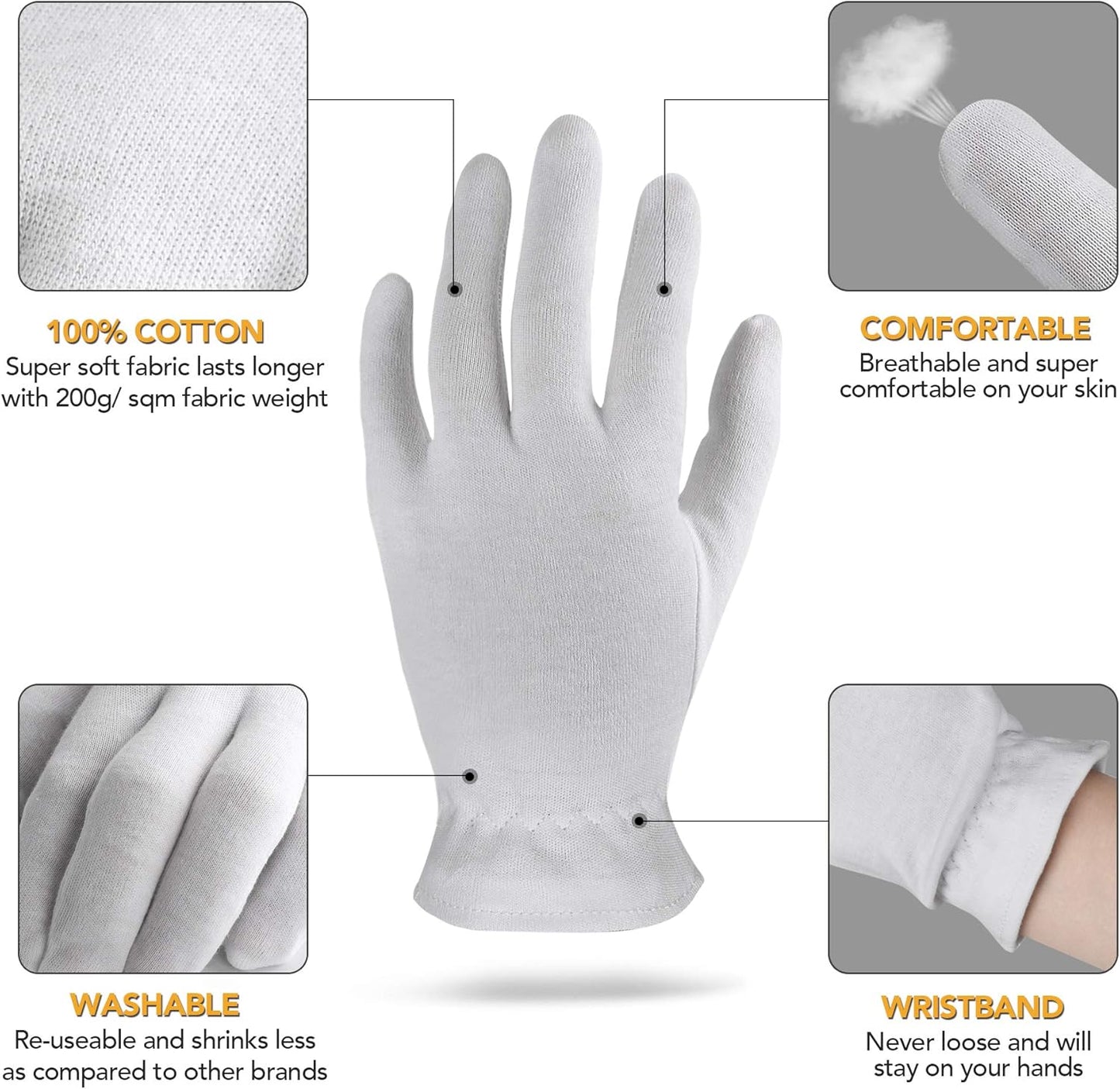 L Large 10 Pairs 100% Premium Cotton Gloves for Dry Hands | Moisturizing Overnight Gloves for Eczema, Psoriasis & Skin Spa Treatment for Women & Men | Washable & Reusable with Free Laundry Bag