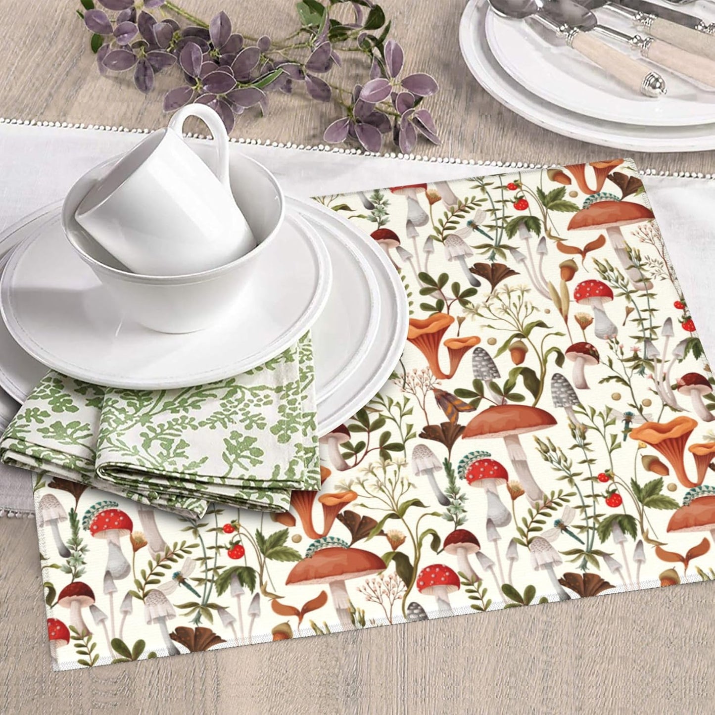 Boho Mushroom Decor Dish Drying Mat for Kitchen Counter Botanic Plant Beige Dish Drainer Rack Mats 16x18 Inch Absorbent Reversible Drying Pad