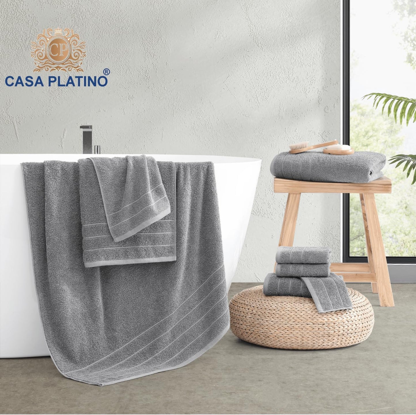Casa Platino 100% Cotton 8 Piece Bath Towel Set - Ring Spun, Quick Dry, Super Soft & Highly Absorbent - 2 Bath, 4 Washcloths, 2 Bathroom Hand Towels - Hotel Quality Bathroom Towel Set - Ultimate Grey