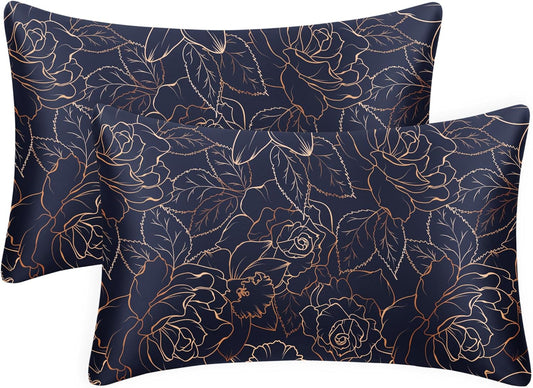 EXQ Home Satin Pillowcase for Hair and Skin Queen - Printed Blue Rose Silk Pillowcase 2 Pack 20x30 inches - Satin Pillow Cases Set of 2 with Envelope Closure, Gifts for Women Men
