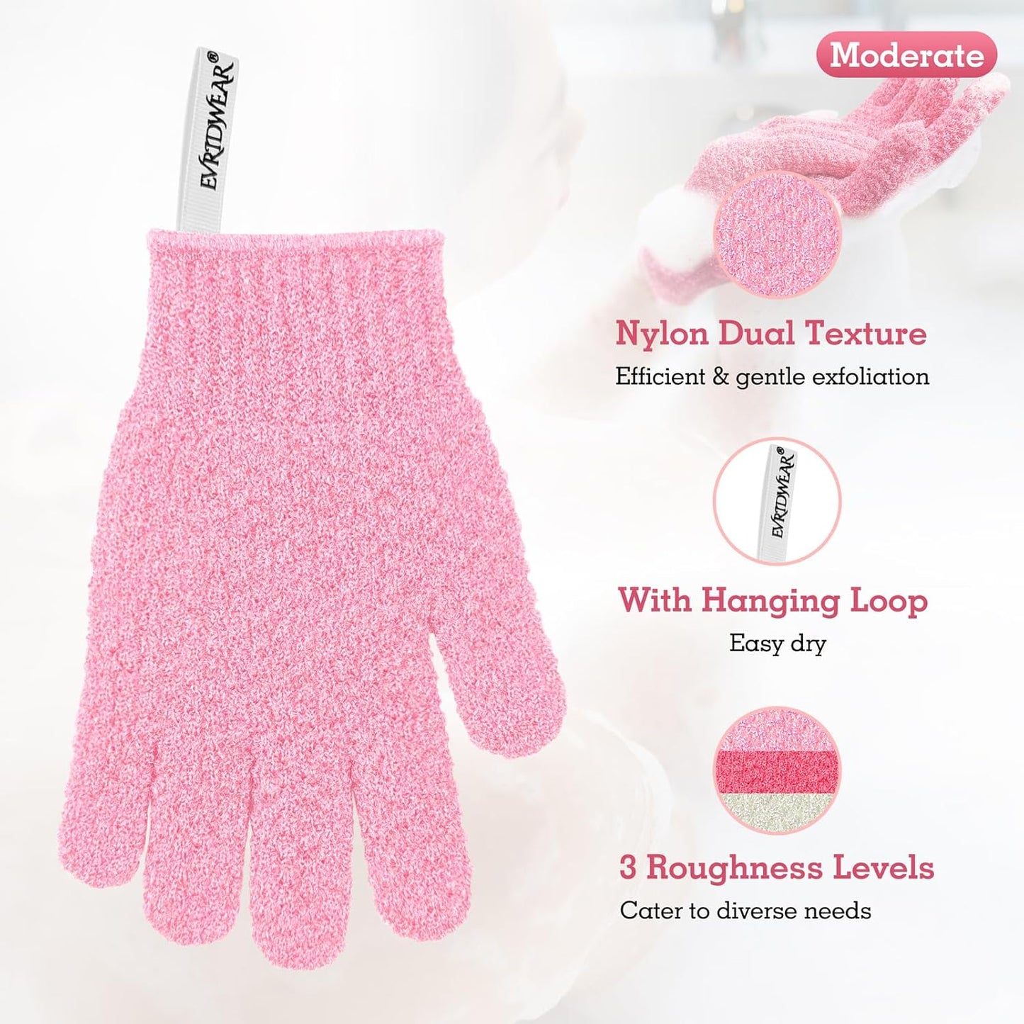 Evridwear Exfoliating Gloves for Shower, 100% Nylon Thick Soft Medium Heavy Bathing Gloves Dead Skin Remover Body Scrubber Smooth Skin with Hang Loop, 2 Pairs Moderate Pink