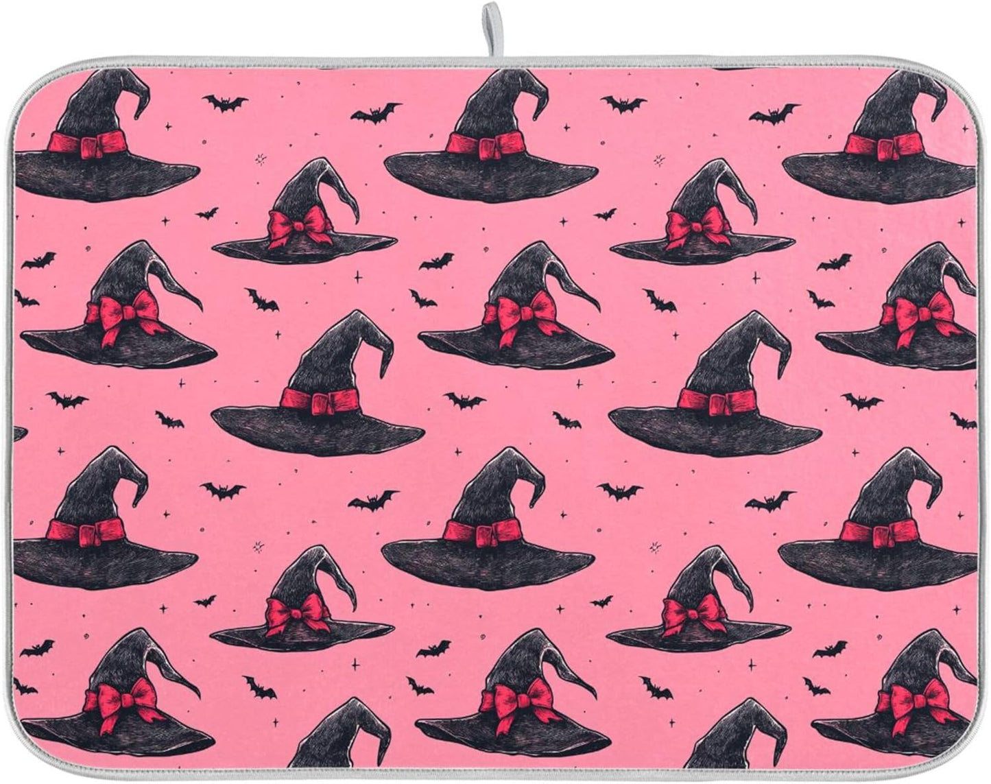 Witch Bow Hot Pink Dish Drying Mat for Kitchen Countertop 16x18 Halloween Bowknot Bat Small Drying Mat Reusable Quick Dry Dish Sink Mats Easy Clean Decorative Essentials