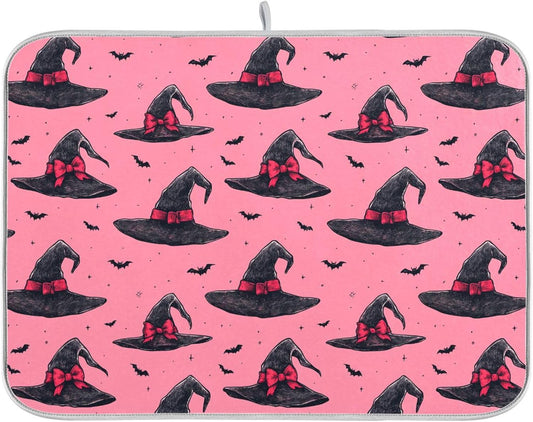 Witch Bow Hot Pink Dish Drying Mat for Kitchen Countertop 18x24 Halloween Bowknot Bat Large Drying Mat Reusable Quick Dry Dish Sink Mats Easy Clean Decorative Essentials