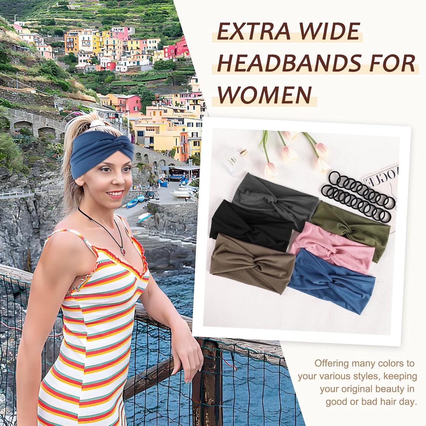 12-Pack Wide Stretch Headbands for Women - Non-Slip Extra Wide Turban Hair Bands for Workout, African Style, Sports & Daily Use (Breathable, All-Day Comfort) Color1 (Color2)