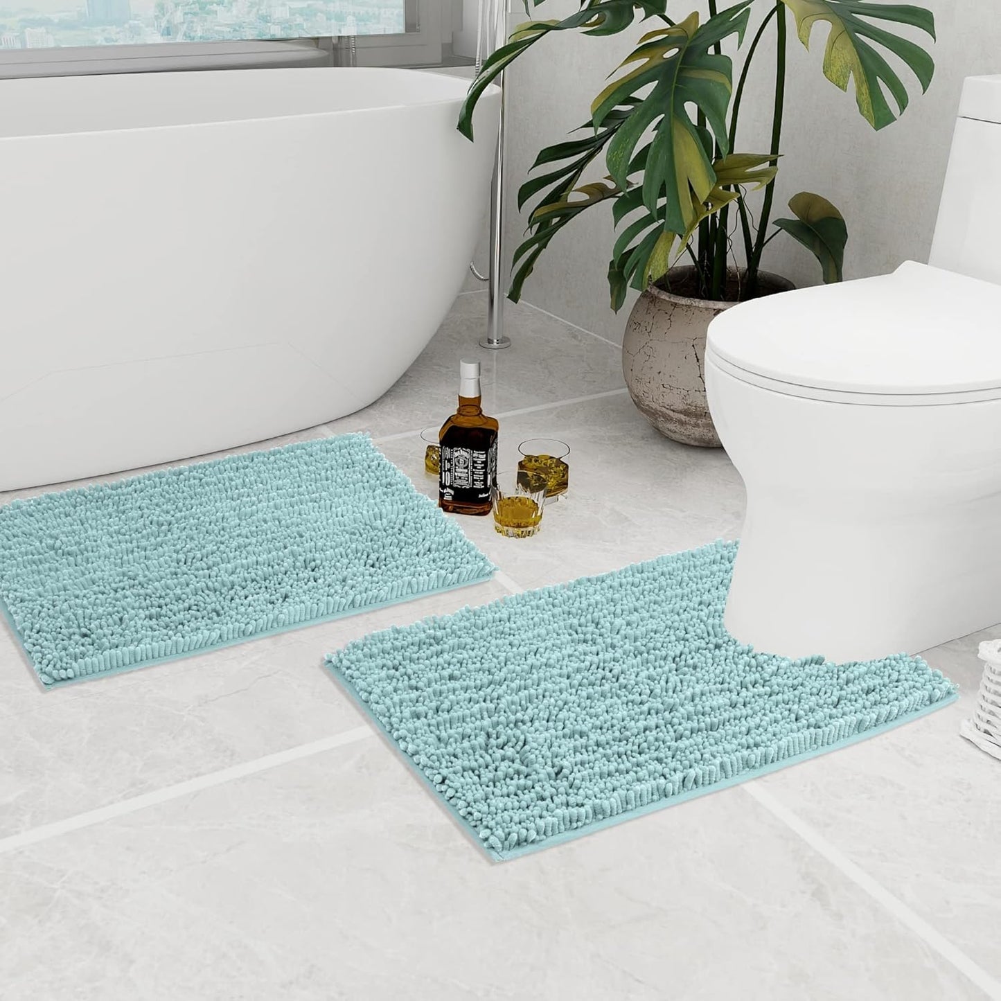 Walensee Bathroom Rug 2 Pieces Set Non Slip Bath Mat (20"x32" Plus 20"x24" U spa Blue) Water Absorbent Super Soft Shaggy Chenille Machine Washable Dry Extra Thick Perfect Carpet for Shower Floor