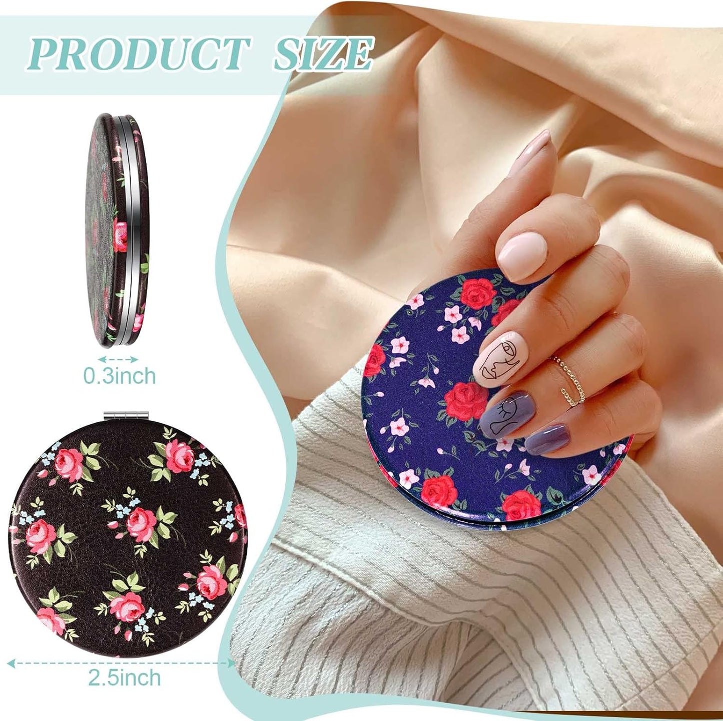 Vicenpal 6 Pieces Rose Pattern Pocket Mirrors for Women Small Mini Compact Mirror for Purse Magnifying Travel Makeup Portable Folding Small Looking Glass Gift for Students Teacher Friend