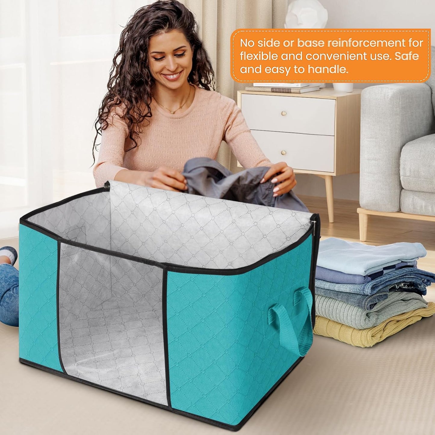 Fab totes 24 Gallons Clothes Storage, Foldable Thick Fabric Blanket Storage Bags, Containers for Organizing Bedroom, Closet, Clothing, Comforter, Organization with Handle (6 Pack,Green)