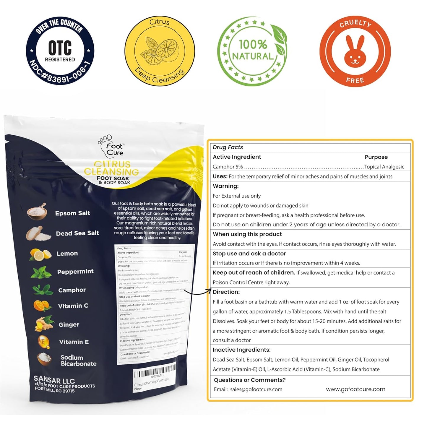 FOOT CURE Citrus Detox Foot Soak With Epsom Salts for Foot Callus, Immune Boost, Damaged Toenail, Athletes Foot, Pedicure and Soothes Tired Aching Feet - 16 oz (Pack of 2)