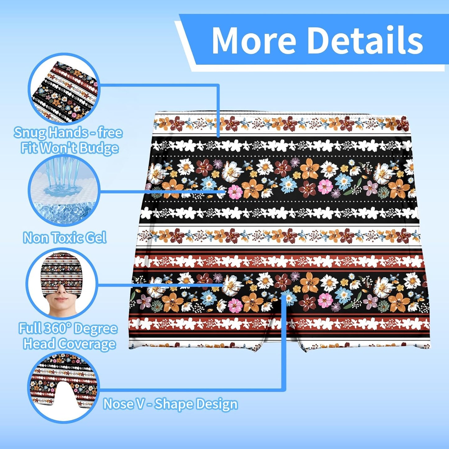 Migraine Relief Cap,Headache Relieve Cap,Black Flowers Reusable Gel Ice Head Wrap Cap for Tension,Stress,Hangover & Puffy Eyes.