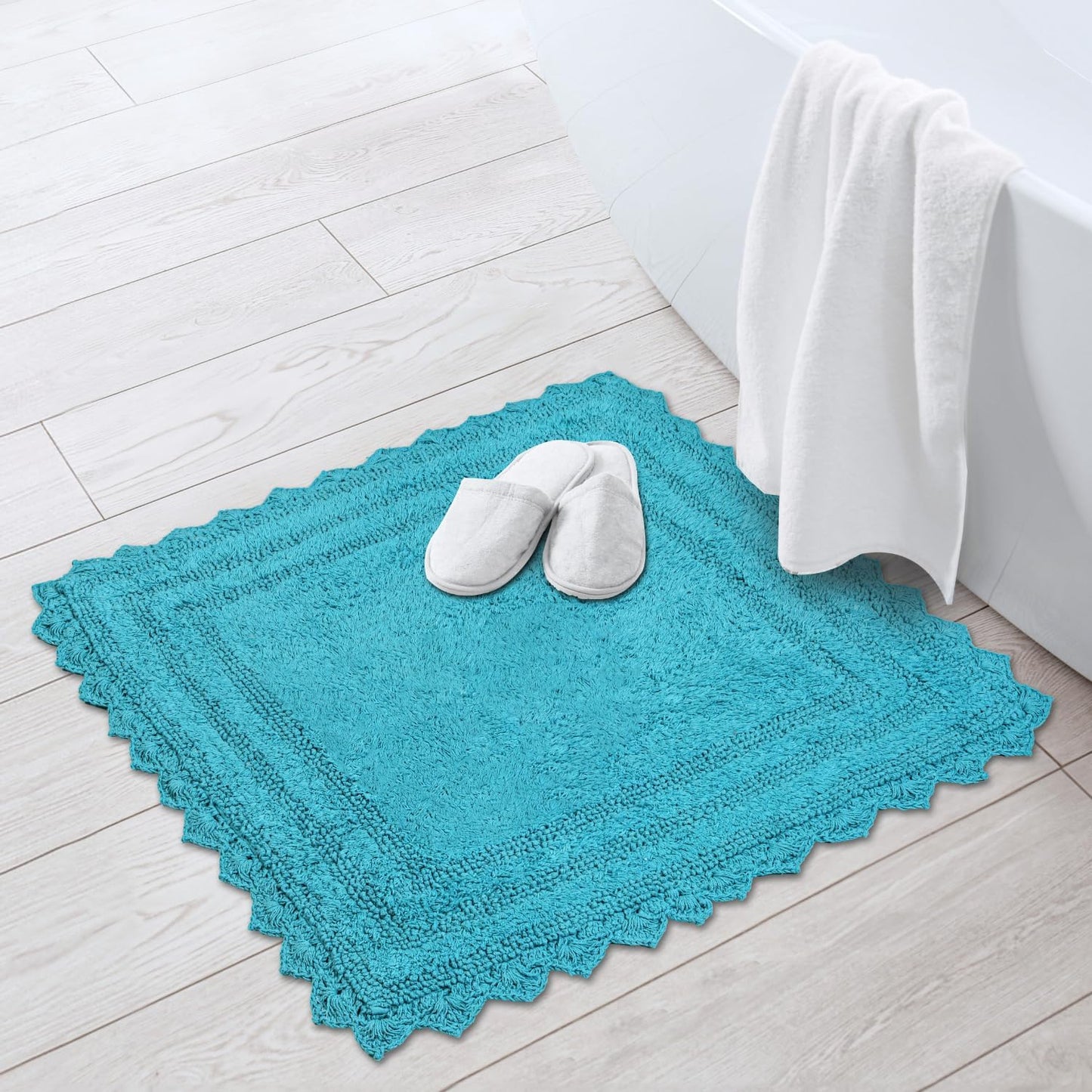 RAJRANG Ocean Bluebird Square Bath Rug – 24 Inch Cotton Bathroom Mat with Crochet Pattern, Reversible and Absorbent Boho Style Rug for Kitchen, Spa, or Vanity Area
