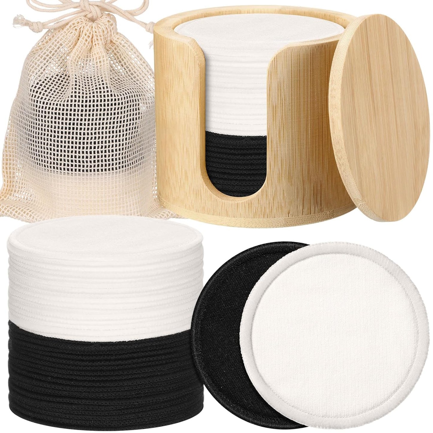 Foaincore 40 Pcs Reusable Makeup Remover Pads with Mesh Laundry Bag Washable Bamboo Cotton Rounds Soft Reusable Face Pad for Toner Skin Types with Bamboo Holder (Black White)
