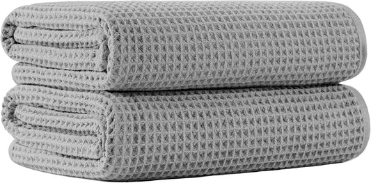 New Microfiber Waffle Bath Towels, 2 Pieces, Oversized, Soft, Absorbent, Fast Drying, Lint Free (Silver)