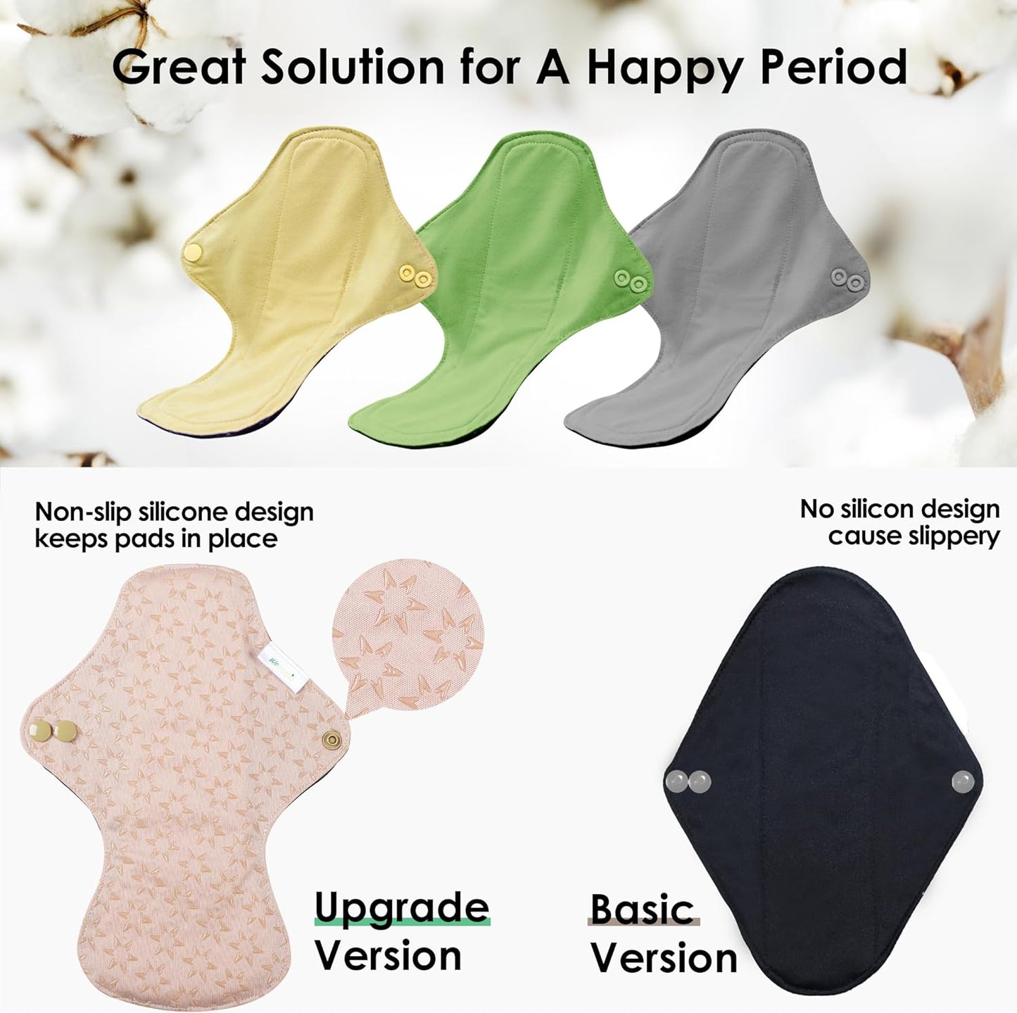 wegreeco 6 Pcs Reusable Menstrual Pads, Ultra Absorbent Cloth Pads for Heavy Flow, Sanitary for Teens, Women, Nonslip, Inner Mustard Yellow, Grey, Beige, Rose Gold Outer, L