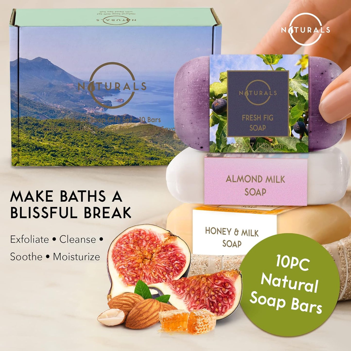 O NATURALS 100% Natural Bar Soap - Gift Set - Organic Ingredients & Essential Oils - Spa Gifts for Women & Men, Body Wash & Face Soap - 10PC Natural Soap Gift Set