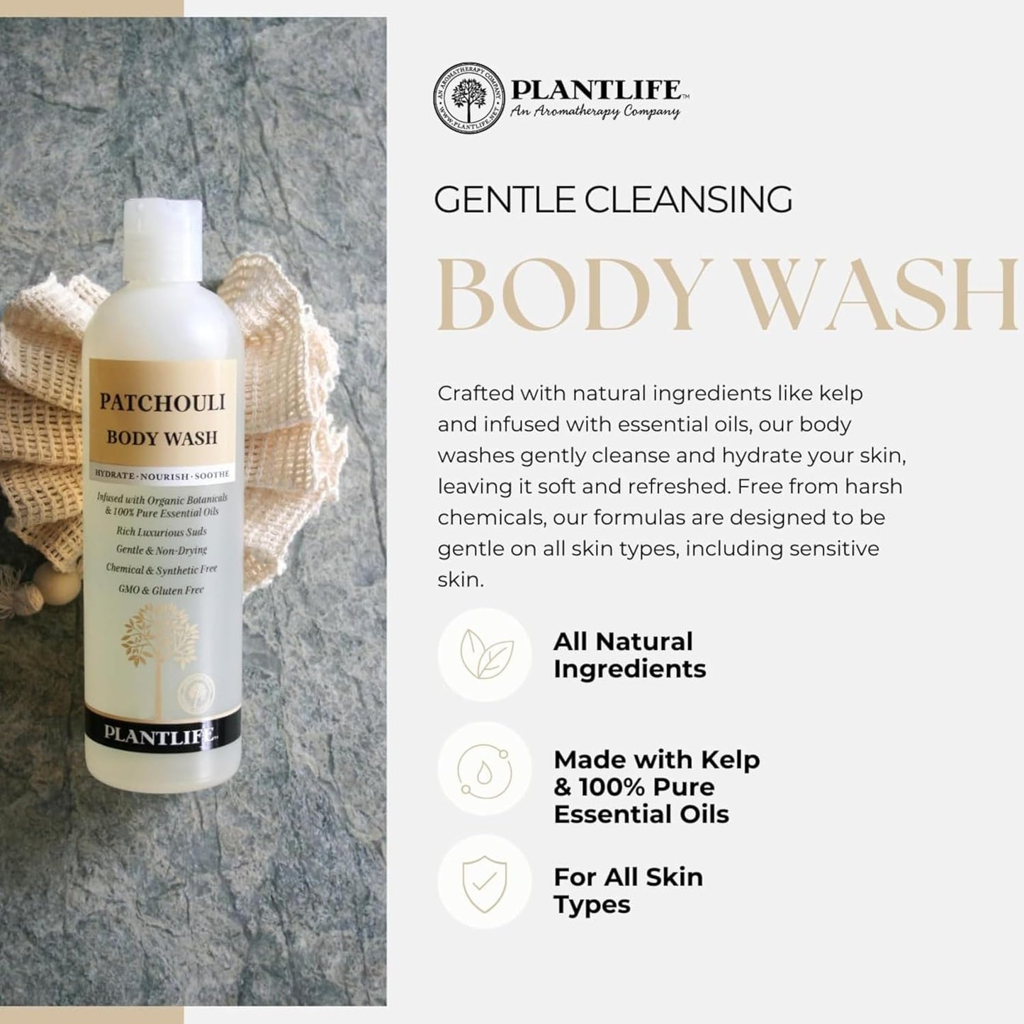Plantlife Patchouli Body Wash - GMO and Gluten Free Gentle and Moisturizing Body Wash That Contains Only Ingredients Straight from Nature - Manufactured in the USA 14 oz