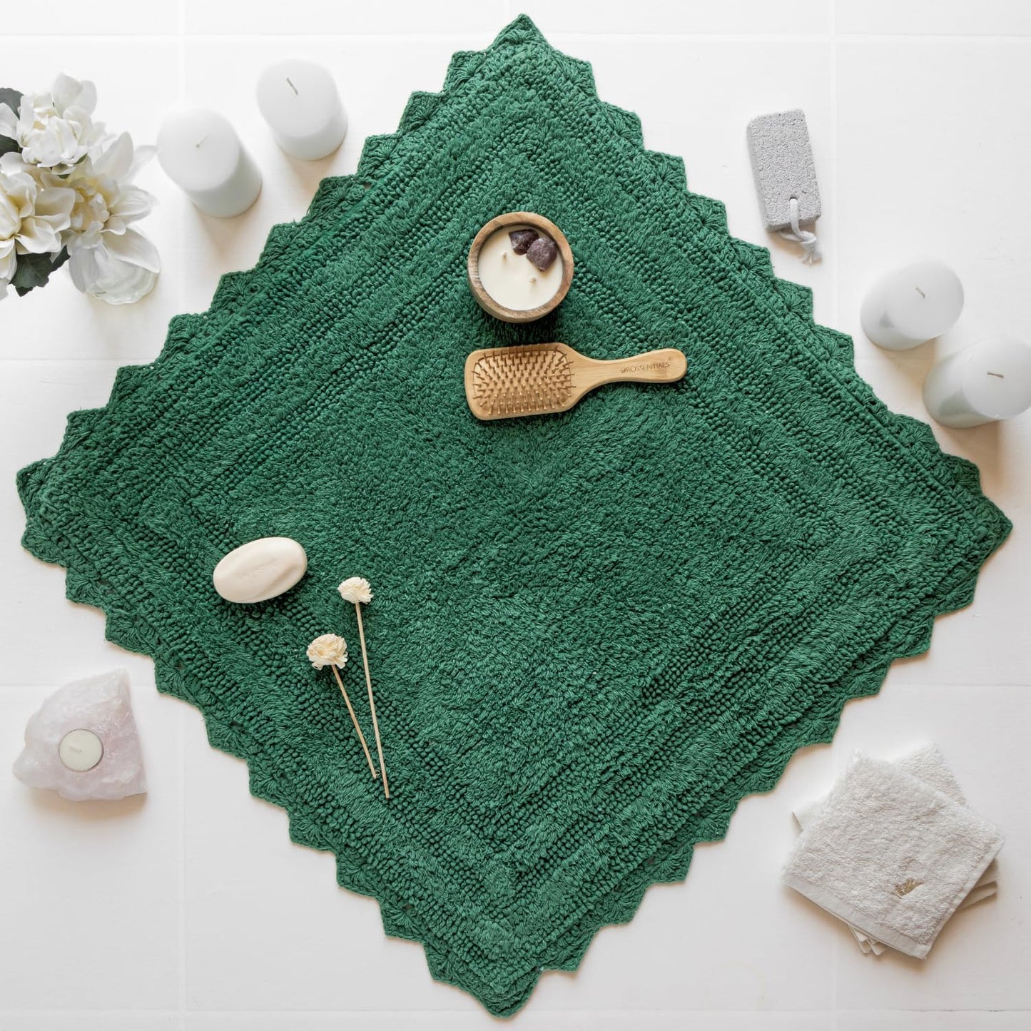 RAJRANG Foliage Green Square Cotton Bath Rug | 24 Inch Reversible Bathroom Mat with Crochet Trim | Soft, Absorbent Rug for Bathroom, Vanity, or Kitchen Use