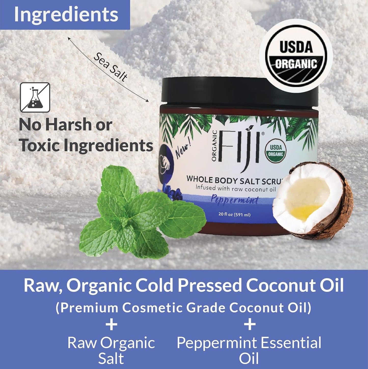 Organic Fiji Whole Body Scrub - Infused with Coconut Oil, Exfoliating Sea salt Scrub for Smooth and Soft Skin, Exfoliates & Restores Skin's Natural Biosphere, Peppermint 20 oz