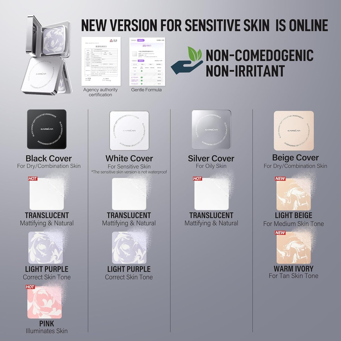 CARSLAN 2.0 Black Magnet Soft Focus Powder, Waterproof Translucent Pressed Setting Powder, 24H Longlasting Talc-Free Face Powder, Oil Control Compact Makeup,03 Blue Purple For Sensitive Skin, 0.28Oz