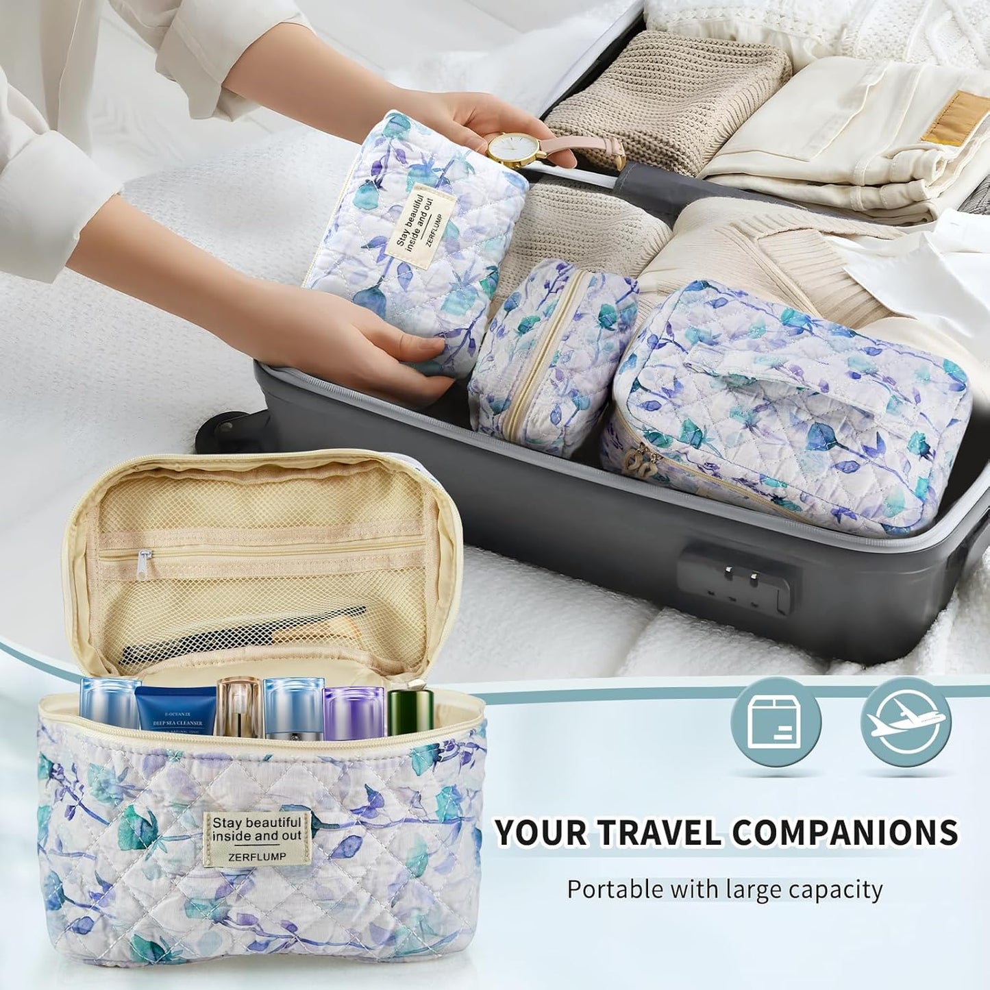 Cute Quilted Floral Makeup Bag(3Pcs)，Coquette Aesthetic Cosmetic Bag，Travel Toiletry Bags， Kawaii Aesthetic pouch for Women (2 - Long Branch Flower)