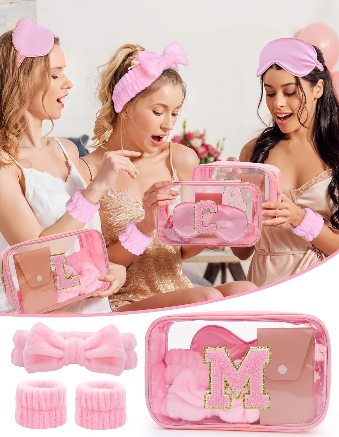 Gift Sets for Women, Initial Makeup Bag with Makeup Brush Set Bachelorette Party Favors, Pink Spa Kit with Skincare Headbands Wrist Bands Sleepover Party Supplies Gifts for Teen Girls Bridesmaid M