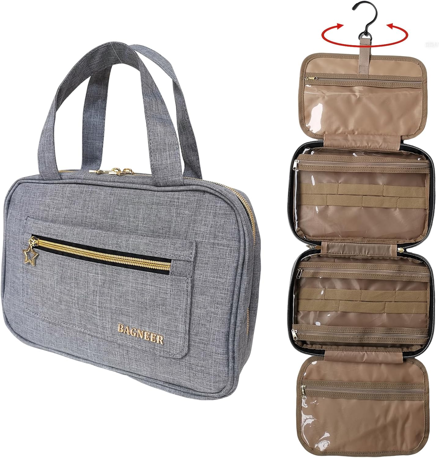 Travel Toiletry Bag with Hanging Hook, Water-resistant Makeup Cosmetic Bag Travel Bathroom Organizer for Accessories, Shampoo, Women Toiletries Container (Gray, Medium)