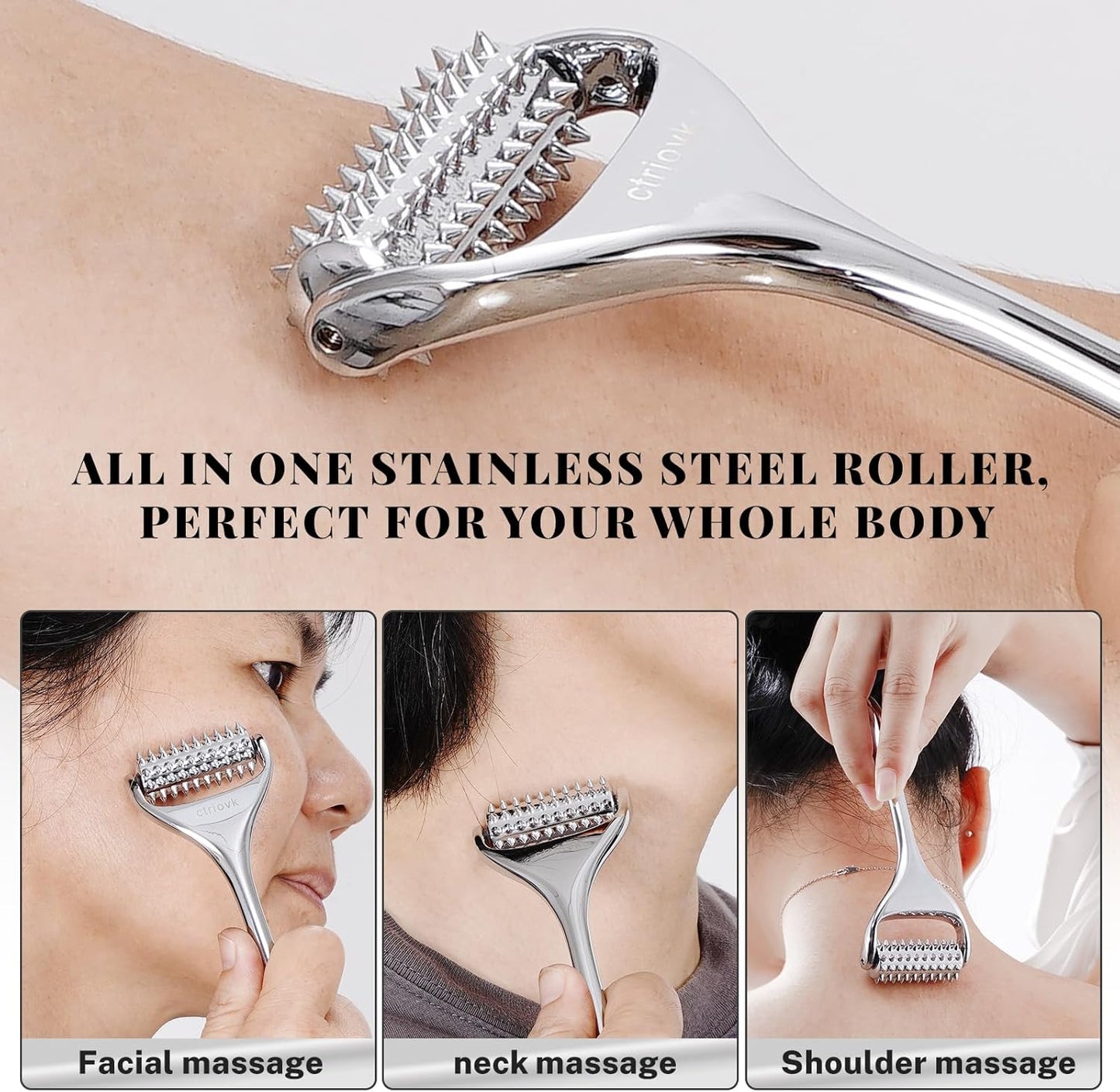 Acupuncture Massage Roller, Stainless Steel, Portable Manual Roller for Whole Body Pain Relief, Puffiness Reduce and Muscle Relaxation Massage, Silver