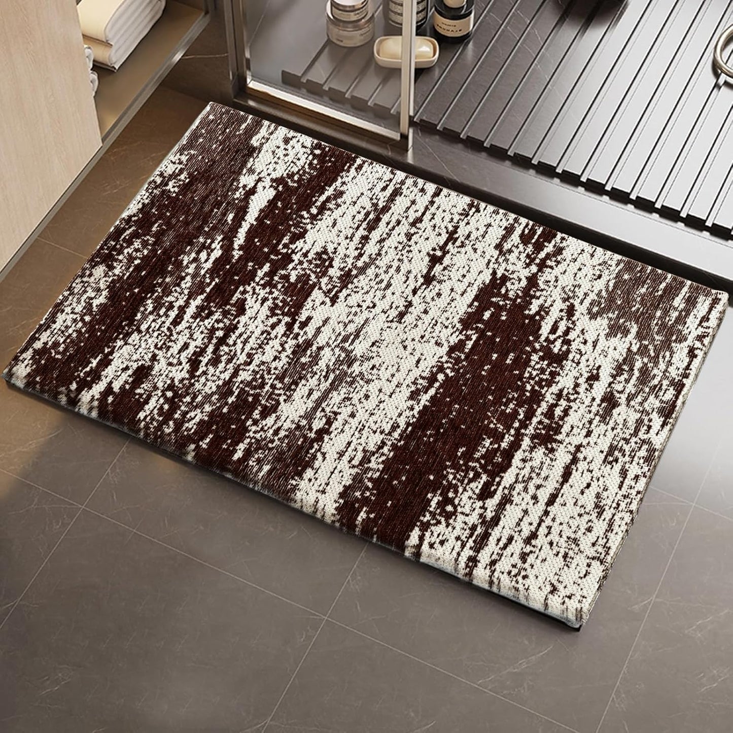 HDFK Graffiti Bath Mat | Non Slip Water Absorbent Quick Dry Woven Floor Mats | Thin Machine Washable Modern Shower Rug | Low Pile Profile Fit Under Door Vanity Room Bathroom Rugs | 24x17.7 Inch Brown
