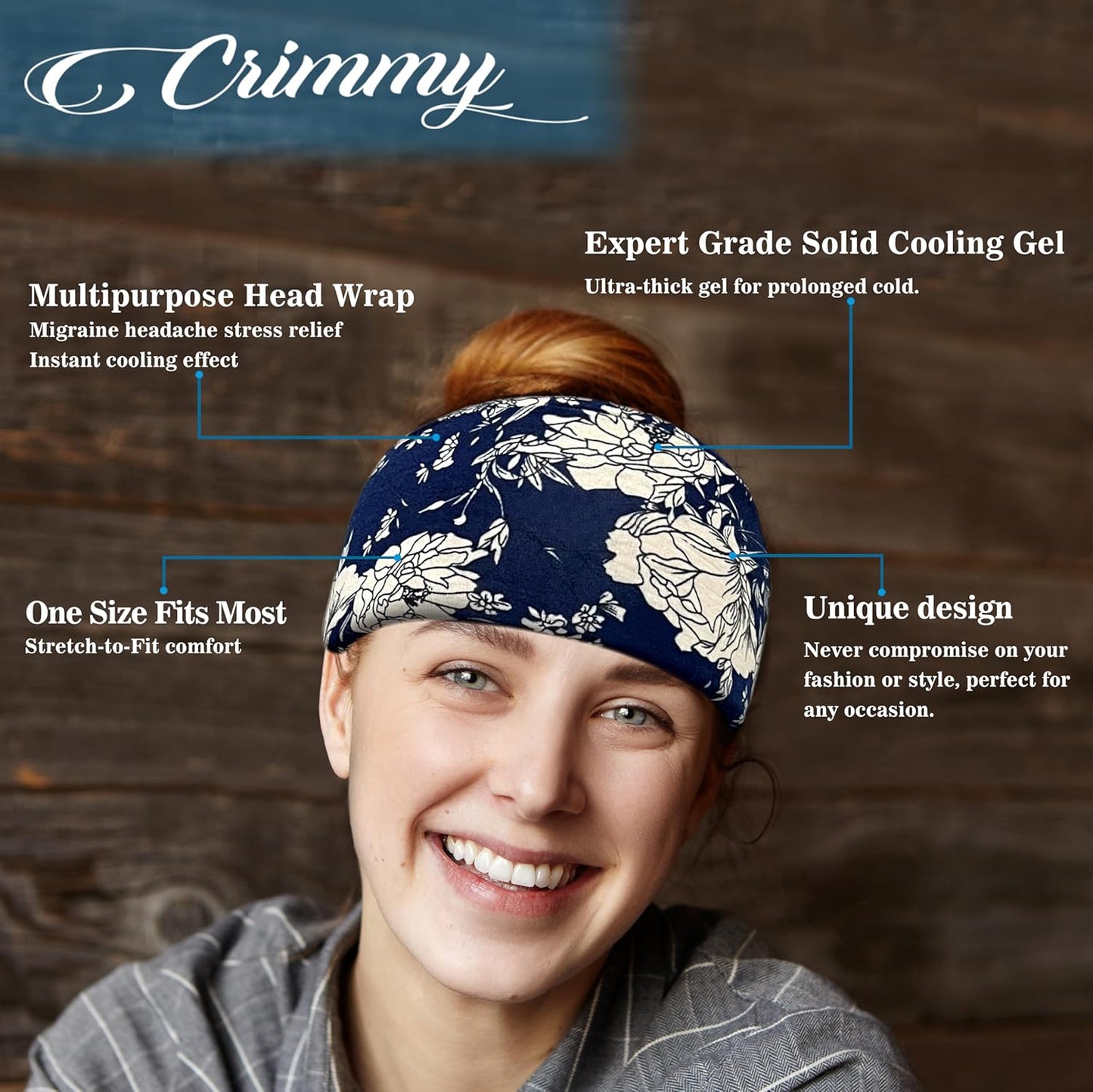 Crimmy Migraine Headache Relief Cap, Cooling Gel Headband Neck Wrap Hat Mask, Soothing Ice Pack Head Face Cold Compress for Tension Stress & Hangover (ice Grey Pink Flowers)