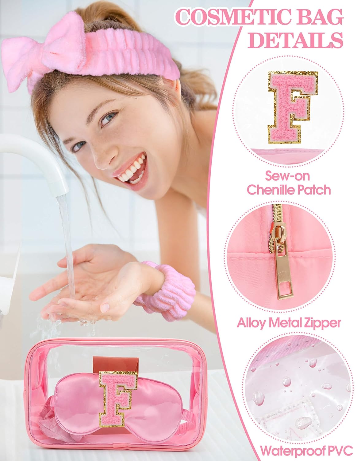 Gift Sets for Women, Initial Makeup Bag with Makeup Brush Set Bachelorette Party Favors, Pink Spa Kit with Skincare Headbands Wrist Bands Sleepover Party Supplies Gifts for Teen Girls Bridesmaid F