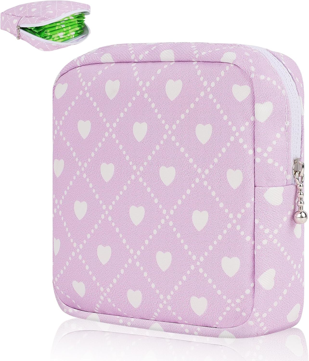 Desing Wish Sanitary Pad Storage Bag Portable Period Bag for Teen Pads/Sanitary Napkins/Small Tampons, Sanitary Napkin Storage Bag First Period Gifts for Teen Girls (Purple Hearts)