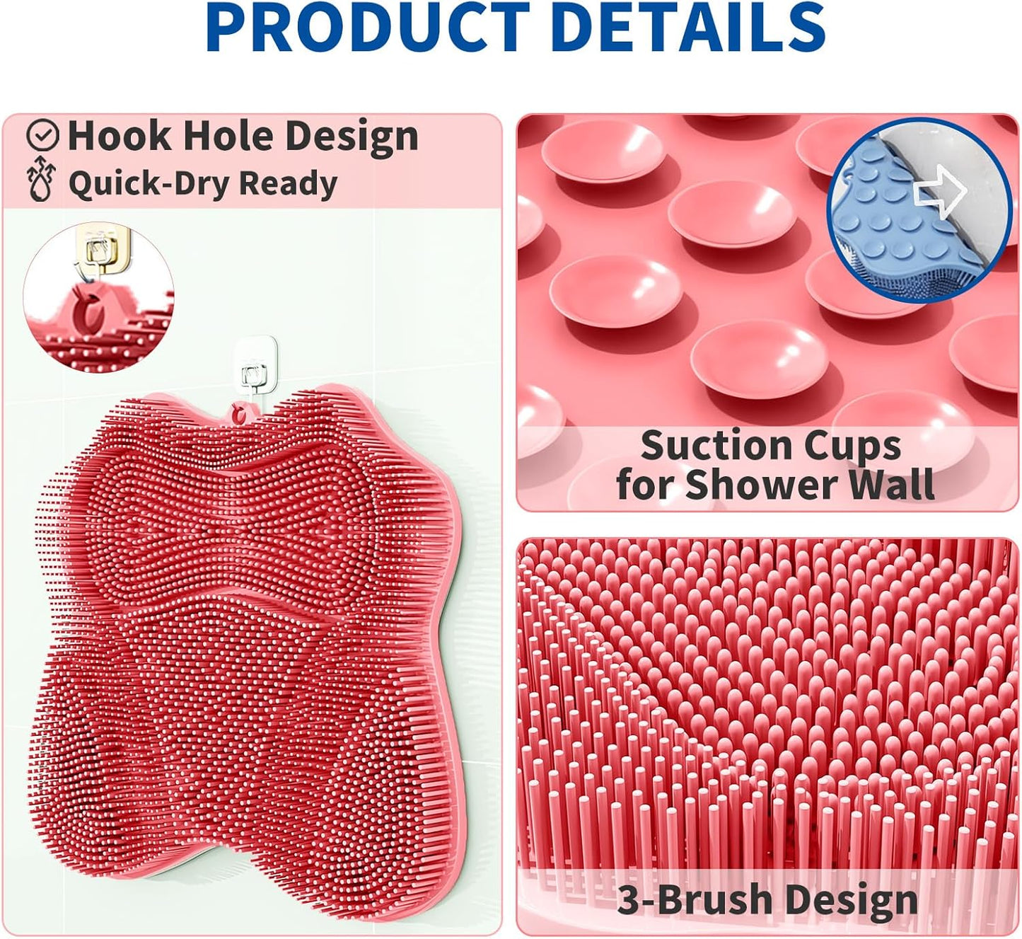 Show Foot Scrubber Mat & Silicone Back Scrubber with Butterfly Form Design,3 Brush Designs for Deep Cleaning Shower Foot Scrubber Mat, Wall Mounted Back Scrubber Silicone Bath(Pink)