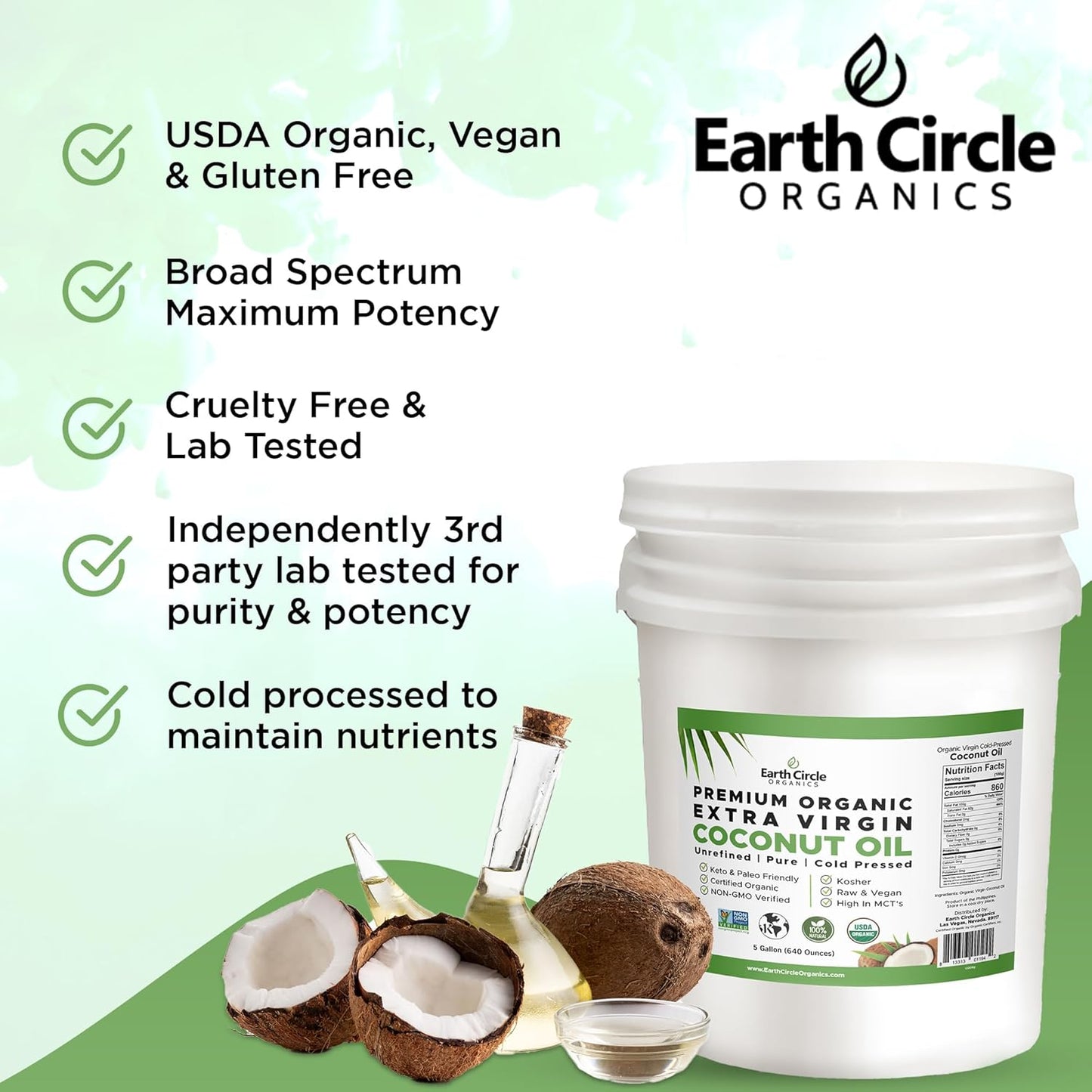 Earth Circle Organics Premium Ultra-Pure UNREFINED Cold Pressed Organic Extra Virgin Coconut Oil - Gluten-Free, Keto & Paleo Friendly - Pure Oil for Skin & Hair Care, Cooking, Baking & More - 5 Gallon