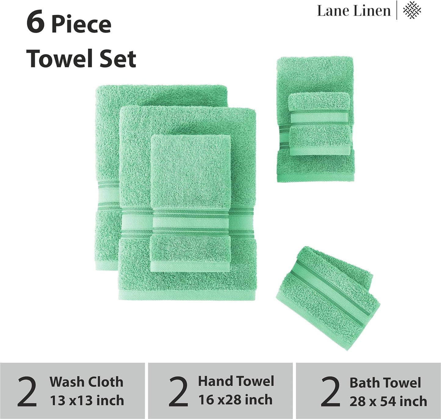 LANE LINEN Luxury Bath Towels Set - 6 Piece Set, 100% Cotton Bathroom Towels, Zero Twist, Quick Dry Soft Absorbent Shower 2 Bath Towel, 2 Hand Towel, 2 Wash Cloths - Aqua Sky