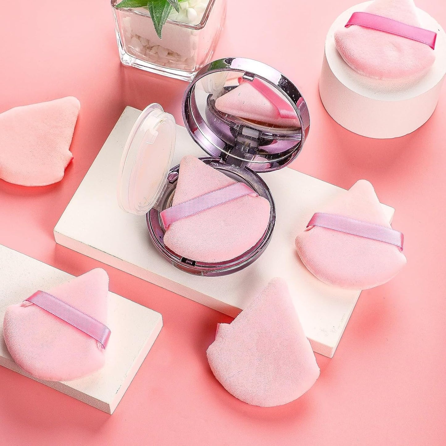 6 Pieces Pink Powder Puff Face Soft Triangle for Loose and Body Powder, Velour Makeup Sponge Set Setting Powder Puff Makeup Tools