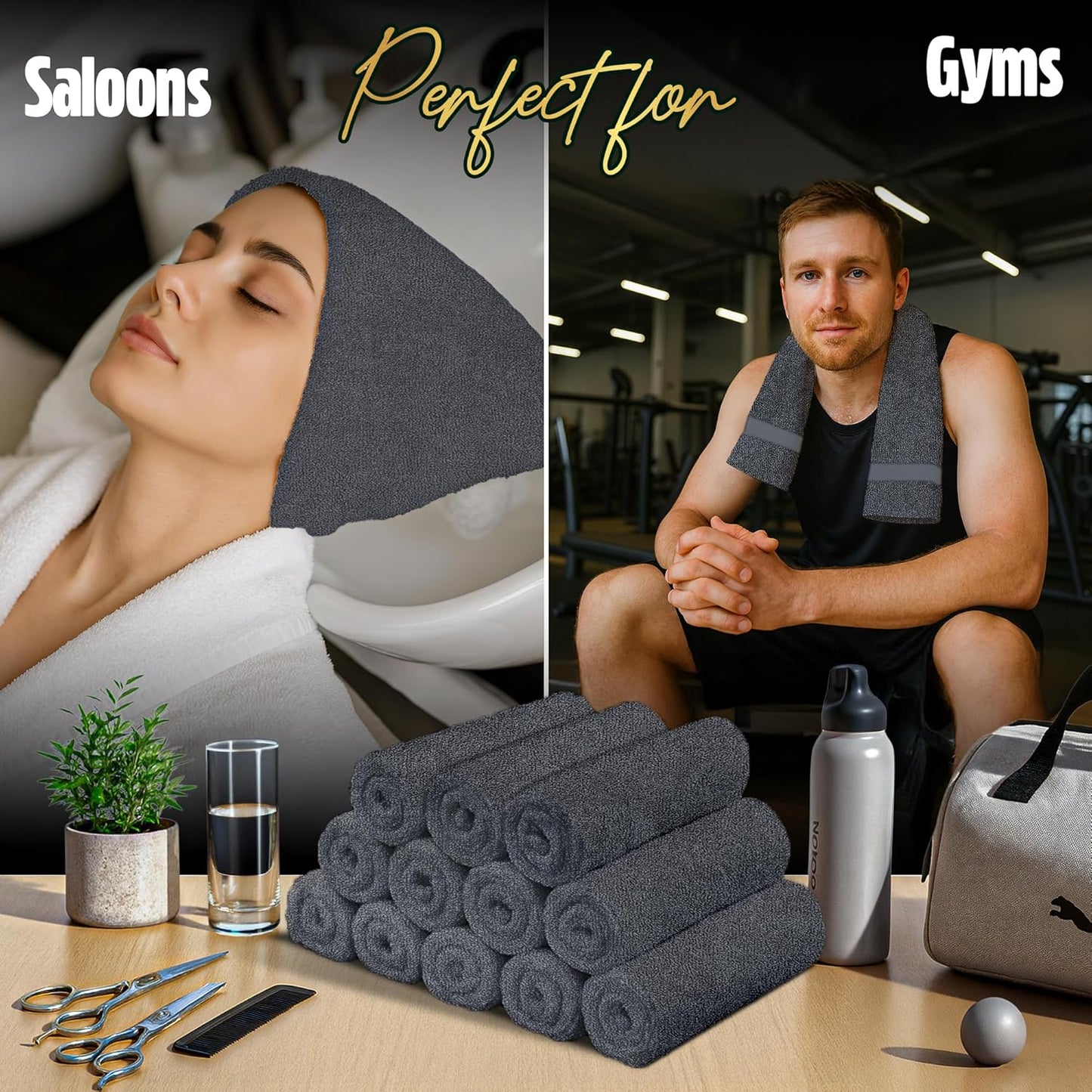 Pearl Linens Pack of 24 100% Cotton Hand Towels, Salon Towels for Spa, Gym and Bathroom Use, Hair Towels in Bulk, Soft, Absorbent, Quick Dry & Machine Washable, 16x27 inches, Grey