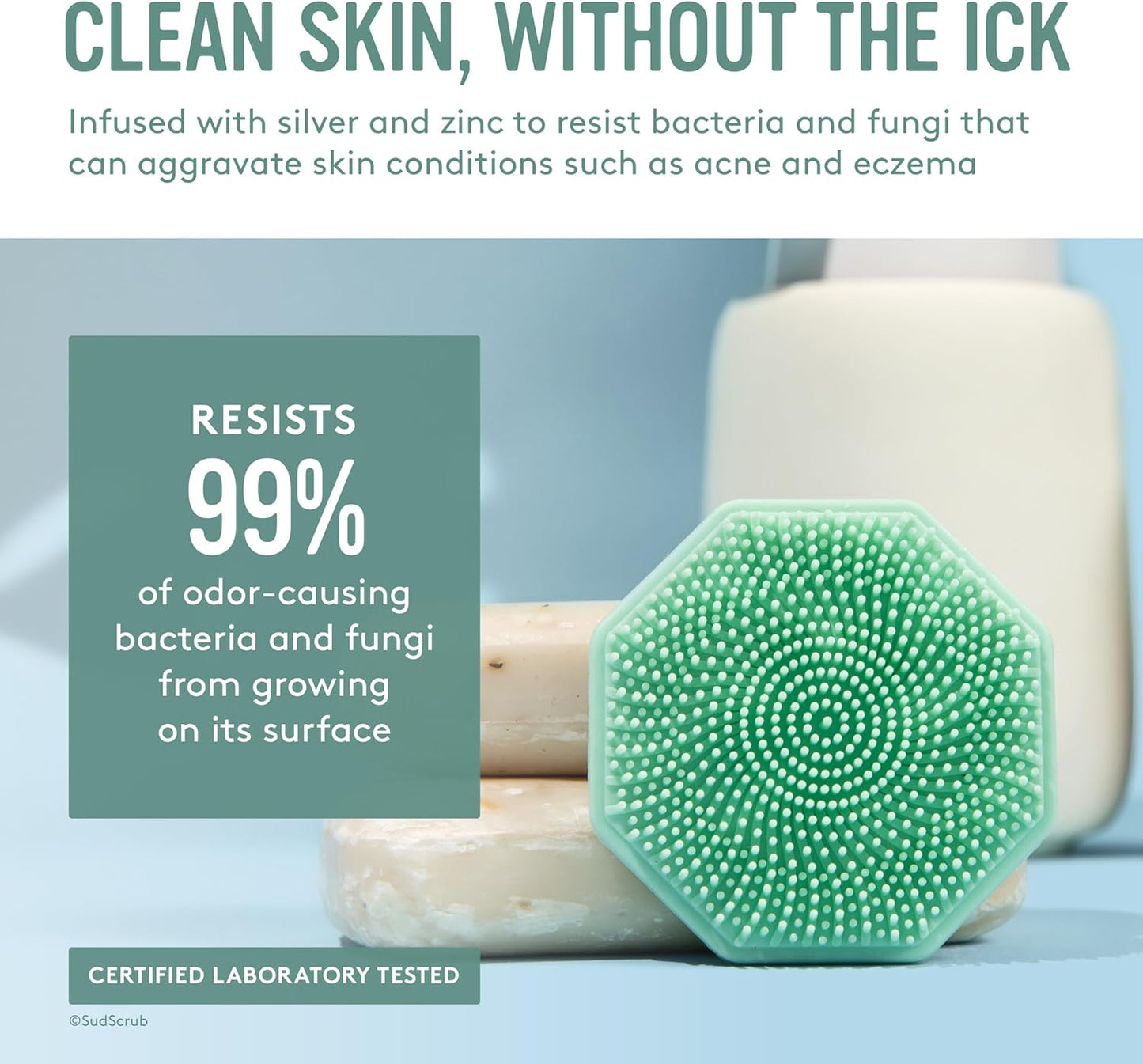 Sud Scrub® Antimicrobial Silicone Face Scrubber, 1 Pack, Gentle Face Exfoliator for Sensitive Skin, Eco Friendly Facial Cleansing Brush, Exfoliating Face Brush for Men and Women (Mint)