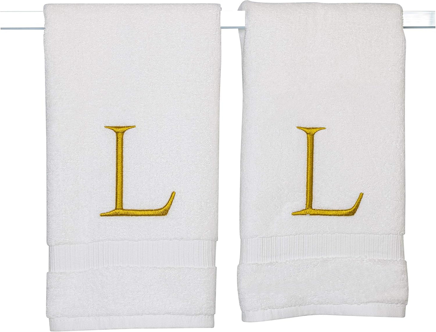 Monogrammed Hand Towels for Bathroom - Luxury Hotel Quality Personalized Initial Decorative Embroidered Bath Towel for Powder Room, Spa - GOTS Organic Certified - Set of 2 Gold Letter L