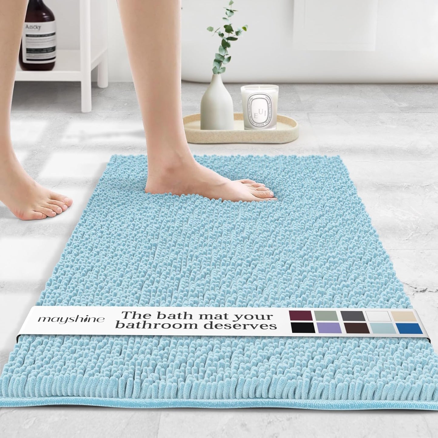MAYSHINE Plush Shaggy Chenille Bath Mat | Extra Soft, Super Absorbent, Non-Slip Bathroom Rug | Fluffy Microfiber, Area Rug Sets for Bathroom Floor, Kitchen, Living Room | 39"x24" | Spa Blue