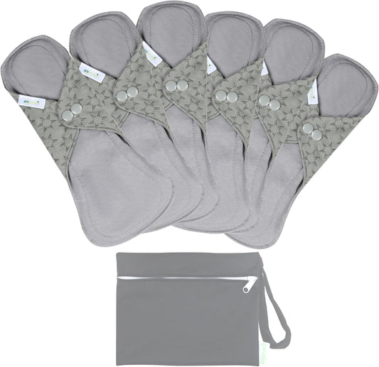 wegreeco 6 Pcs Reusable Menstrual Pads, Ultra Absorbent Cloth Pads for Heavy Flow, Sanitary for Teens, Women, Nonslip, Grey Inner, Grey Outer, Medium