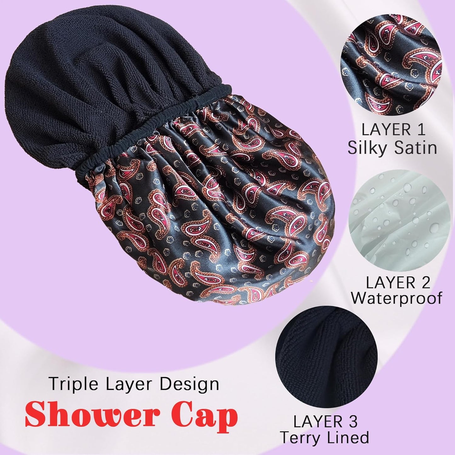 Shower Cap Reusable Waterproof, Terry Lined Shower Caps for Women, Triple Layer Hair Cap for Shower, Large Plastic Shower Cap for Braids Long Hair