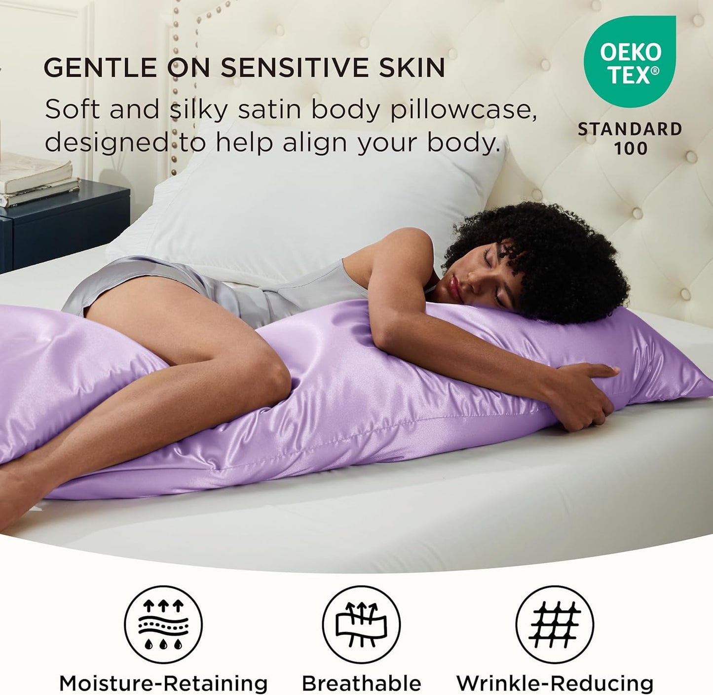 Bedsure Body Pillow Cover 20x54 Inches - Lavender Satin Similar to Silk Pillowcase for Hair and Skin, Cooling and Silky Long Body Pillow Pillowcase with Envelope Closure, Gifts for Women Men