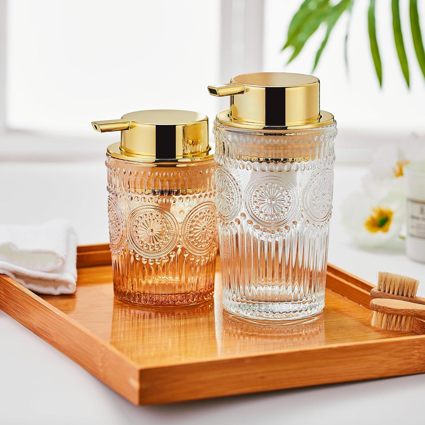 Foaming Hand Soap Dispenser, Glass Foam Toothbrush Holder, Refillable Liquid Lotion Dispenser (S-Gold-Lotion)