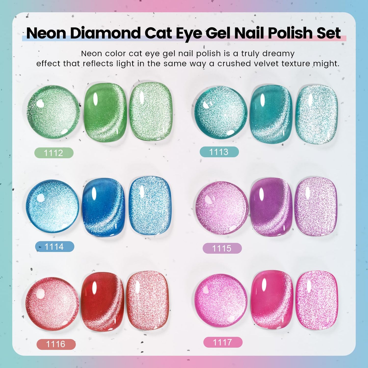 RARJSM Neon Diamond Cat Eye Gel Nail Polish Set 6 Colors Velvet Silver Glitter Bright Green Lake Blue Red Rose Purple Gel Polish with Magnet Stick UV LED Curing Requires Soak Off Home Salon Diy