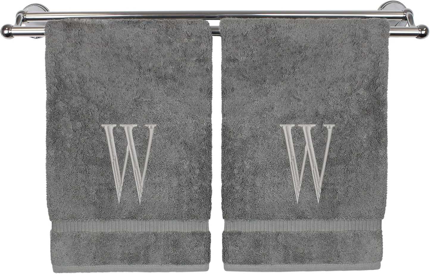 Monogrammed Hand Towel, Personalized Initial Gift, Extra Absorbent 100% Turkish Cotton - Soft Terry Finish - Set of 2 - Silver Block Initial W - Embroidered on Grey Towels