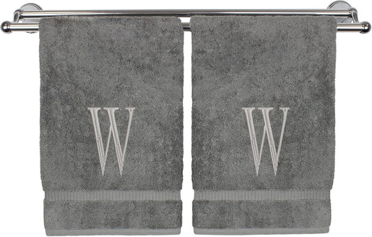 Monogrammed Hand Towel, Personalized Initial Gift, Extra Absorbent 100% Turkish Cotton - Soft Terry Finish - Set of 2 - Silver Block Initial W - Embroidered on Grey Towels