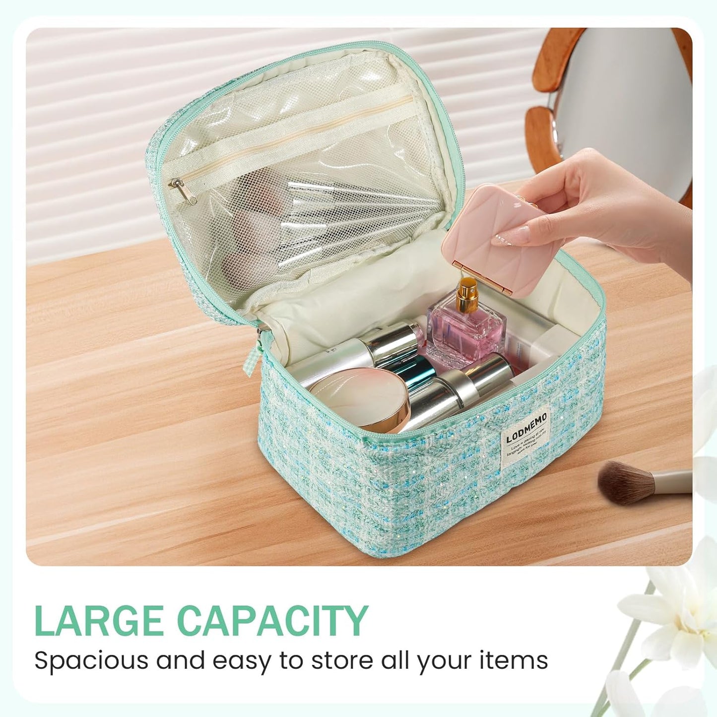 Makeup Bag 3 PCS Quilted Cosmetic Bags for Women, Large Travel Make up Bag Set Cute Cotton Toiletry Bag Organizer Pouch for Purse, Green